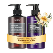 KUNDAL front packaging of shampoo and conditioner showing elegant amber labels and duo benefit