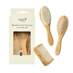 Kyte BABY front view of bamboo 3-piece brush set showing natural finish and full kit benefits