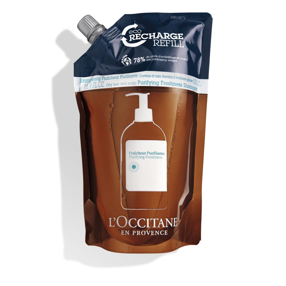 L'Occitane refill pouch front showing branding and size, sustainable benefit
