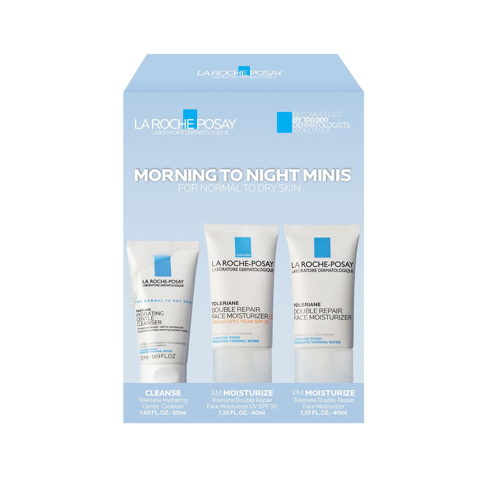 La Roche-Posay front packaging showing the three travel-size Toleriane items and benefit