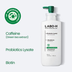 LABO-H pump dispensing shampoo texture illustrating easy application benefit