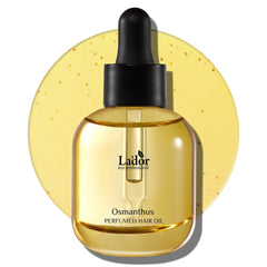 LA'DOR bottle front packaging showing Osmanthus hair perfume oil benefit shine
