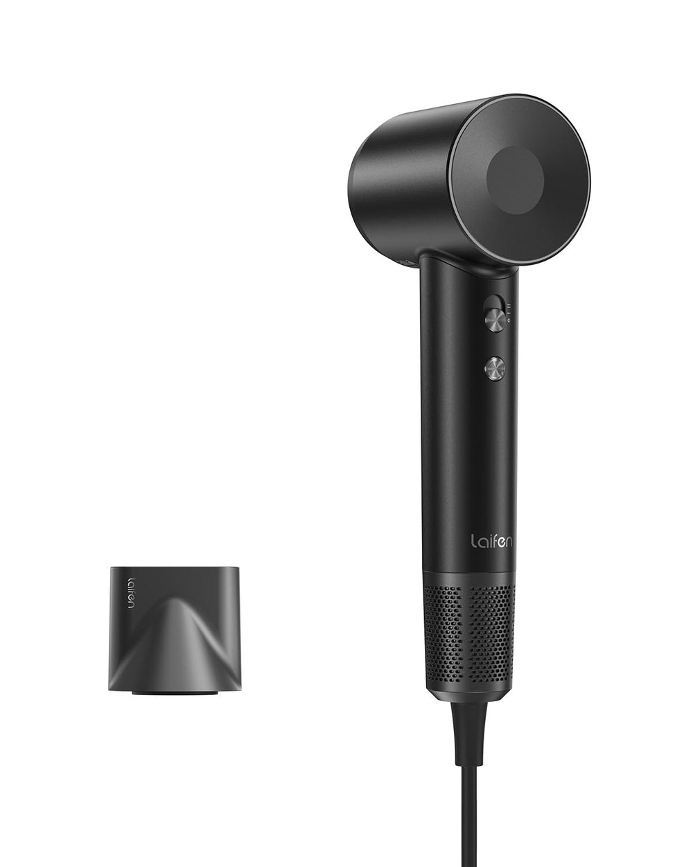 Laifen front view showing sleek black dryer and ergonomic handle, faster drying benefit