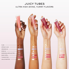 Lancôme Juicy Tubes worn on lips close-up, high-shine effect enhances smile