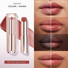Lancôme balm applied on lips showing glossy tint and instant shine benefit