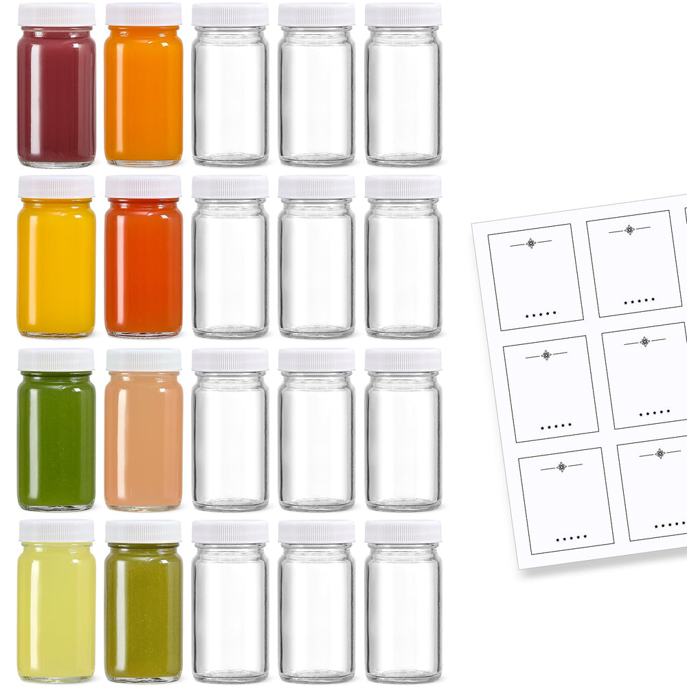 LANDNEOO front view of 20-pack bottles showing clear glass and white lids, convenient storage
