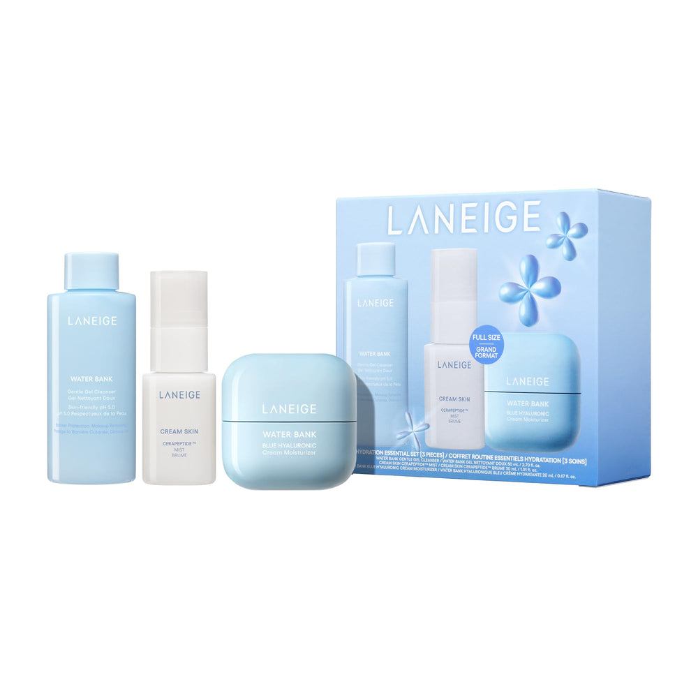 LANEIGE front packaging set showing three products and clear routine benefits