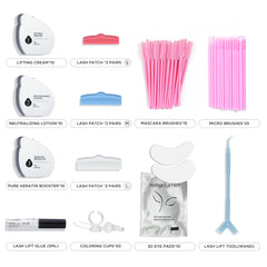 LASHVIEW full contents flatlay for ten treatments showing organized supplies