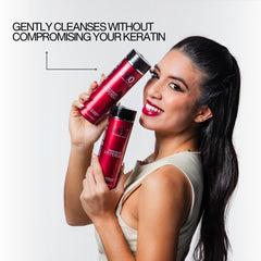 Close-up of keratin, jojoba oil, and amber extract textures, showing restorative benefit