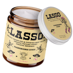 LASSO TALLOW front tin showing product and clear labeling for daily moisture