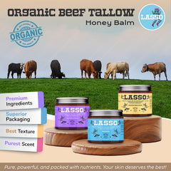 LASSO TALLOW ingredients display with tallow, beeswax, Manuka honey for transparency