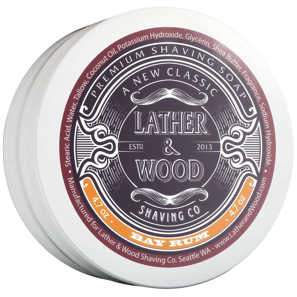 Lather & Wood front packaging showing bay rum shaving soap freshness