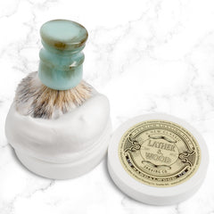Lather & Wood ingredient label closeup listing tallow and shea butter for skin benefits