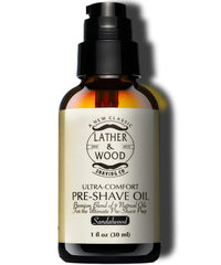 Lather & Wood front bottle view showing 1 oz sandalwood pre-shave oil benefit: premium grooming