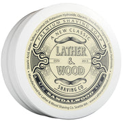 Lather & Wood sandalwood tin front showing label and size for clear identification and appeal
