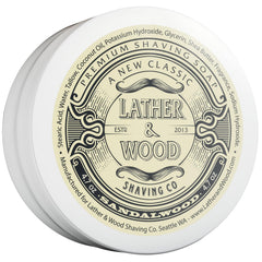 Lather & Wood sandalwood tin front showing label and size for clear identification and appeal