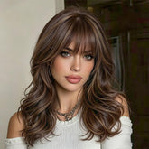 Lativ front view wig with brown highlights showing natural appeal and volume