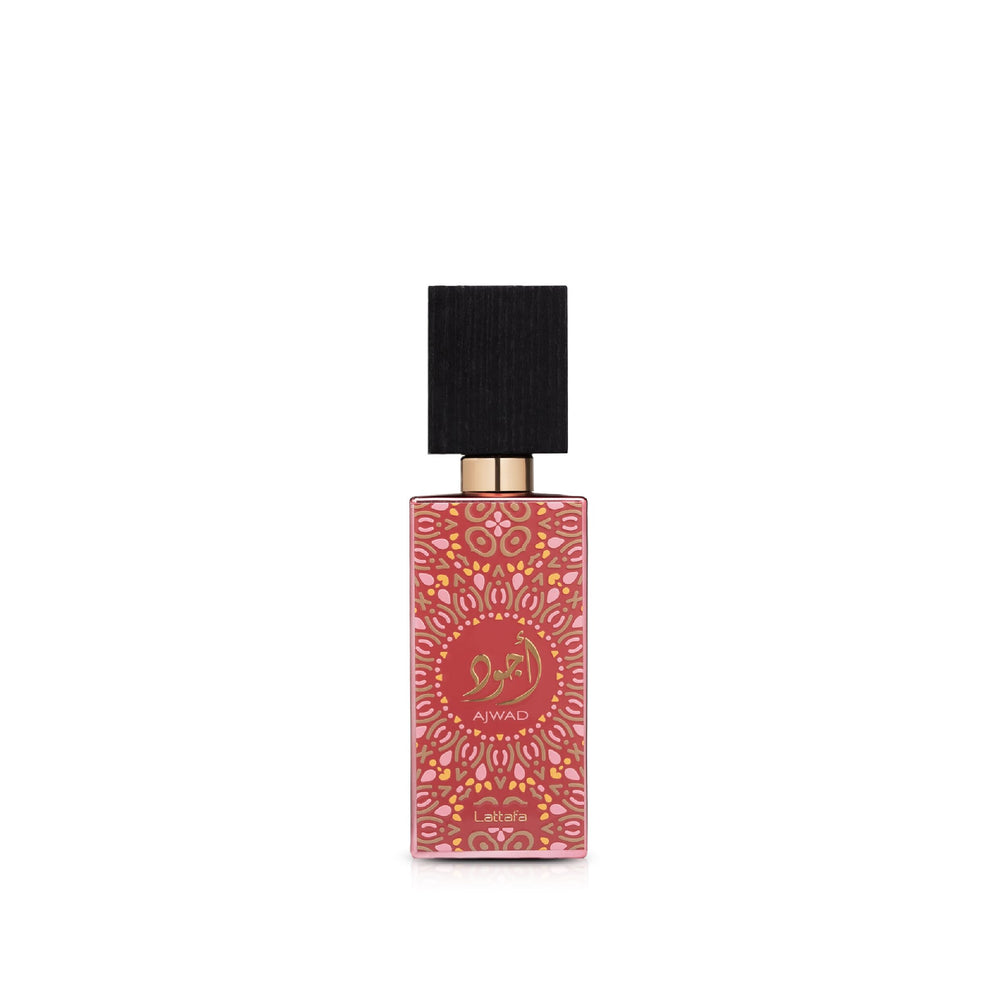 Lattafa Ajwad Pink to Pink front bottle view highlighting elegant design and compact size