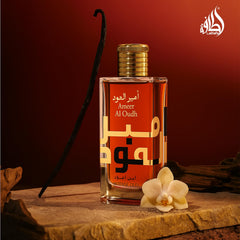 Lattafa Ameer Al Oud label close-up showing brand and fragrance name for identification