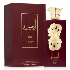 Lattafa Ansaam Gold close-up of bottle detail emphasizing luxury design and texture