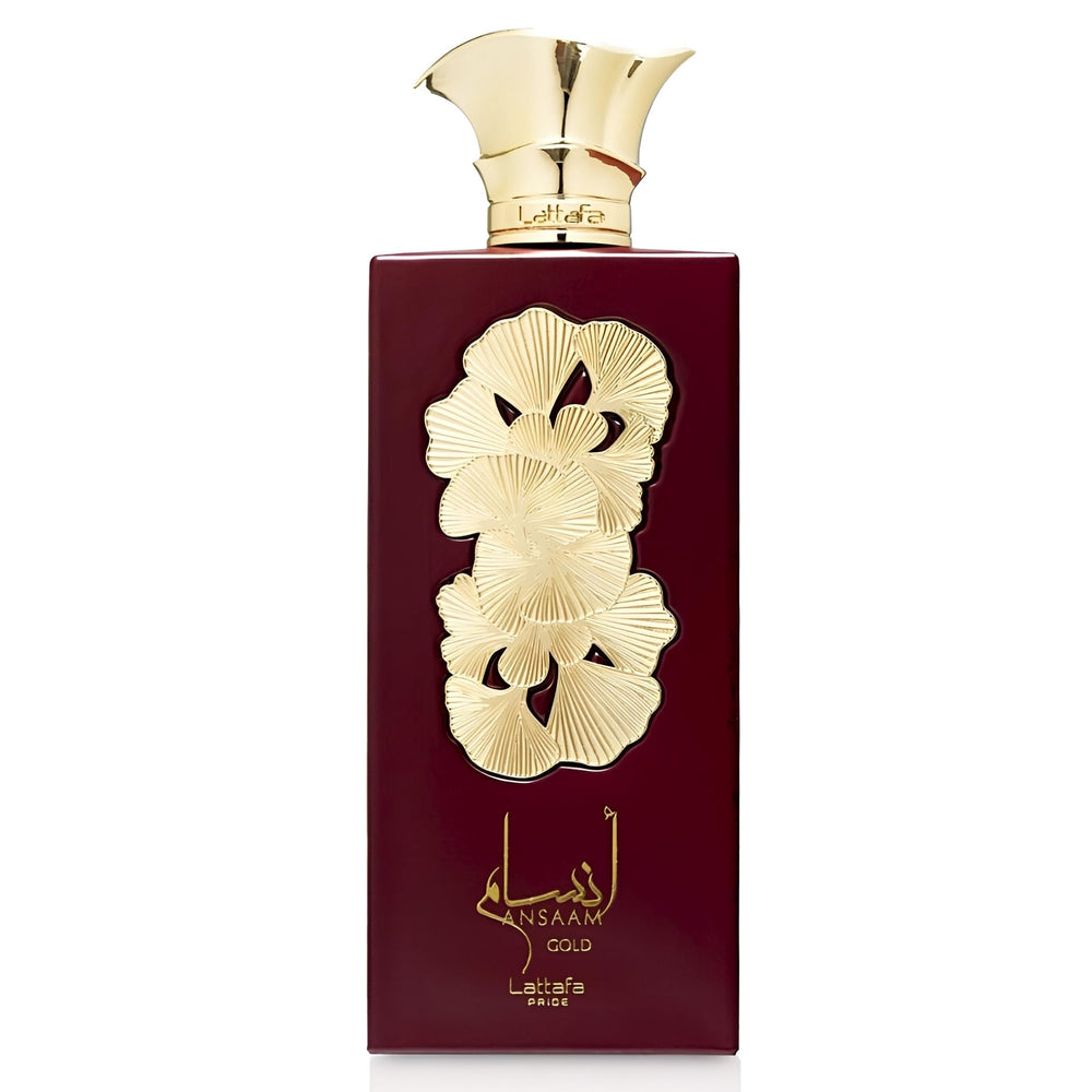 Lattafa Ansaam Gold front bottle showing elegant golden finish and premium look