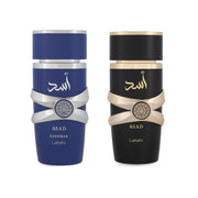 Lattafa Asad anniversary front packaging showing two bottles and gift box, premium presentation benefit