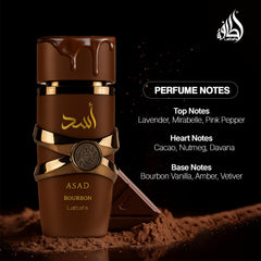 Lattafa Asad Bourbon label close-up showing notes and brand clarity for confident choice