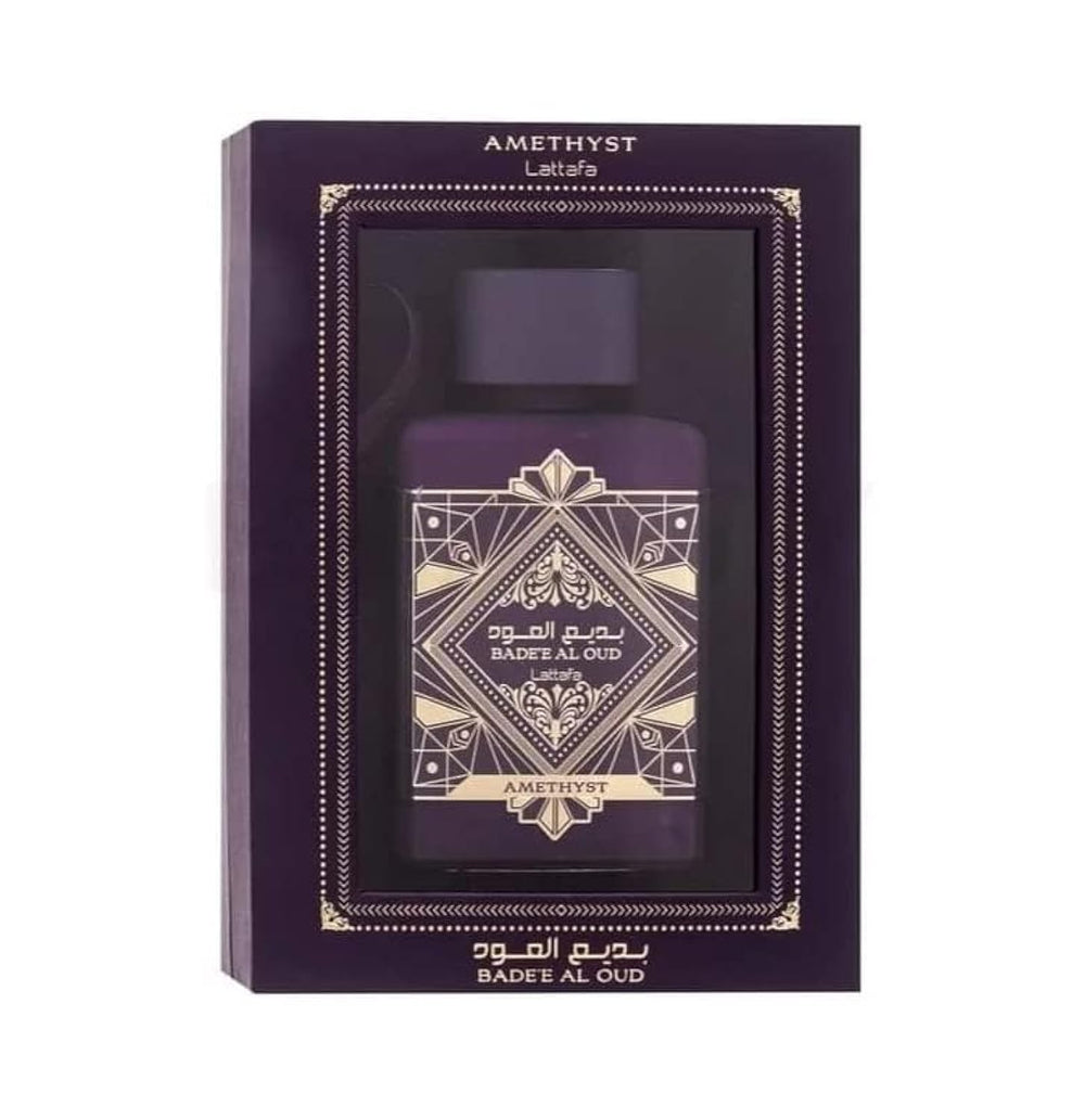 Lattafa Bade'e Al Oud Amethyst front packaging showing 100ml bottle and label, conveys premium quality
