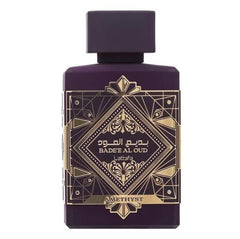 Lattafa Bade'e Al Oud Amethyst in lifestyle setting on dresser, shows wearable evening fragrance