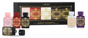 Lattafa Bade'e Al Oud collection boxed set front view showing five 5ml bottles and gift presentation