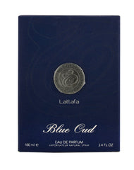 Lattafa Blue Oud cap and nozzle close-up showing quality finish and precision
