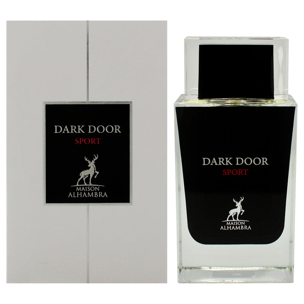 Lattafa Dark Door Sport front bottle showing label and glass benefit: clear styling
