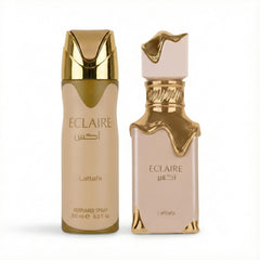Lattafa Eclaire EDP bottle close-up highlighting design and precise spray for confidence