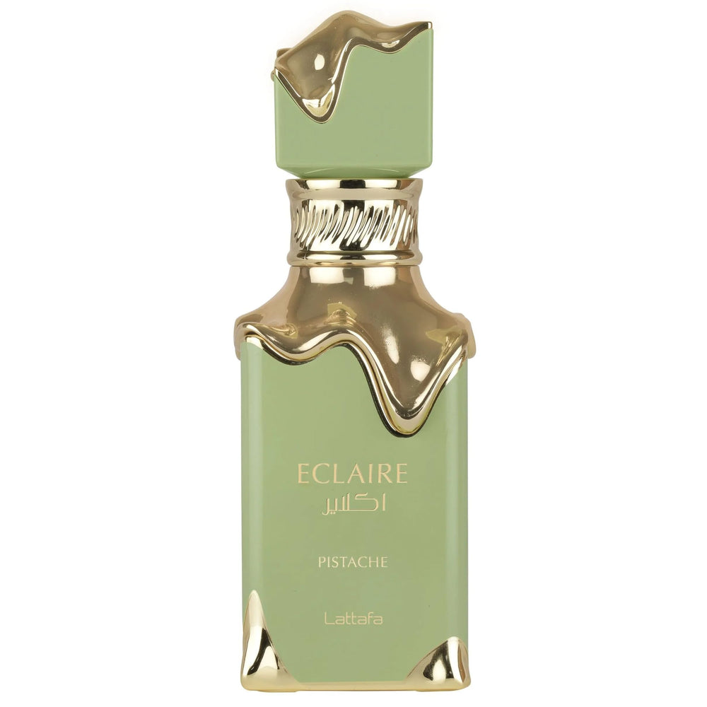 Lattafa Eclaire Pistache front bottle view showing chic packaging and gift appeal