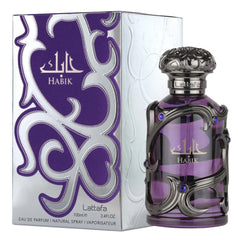 Lattafa Habik side profile highlighting bottle silhouette and masculine form