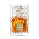 Lattafa Khamrah front bottle view showing elegant glass and warm tones