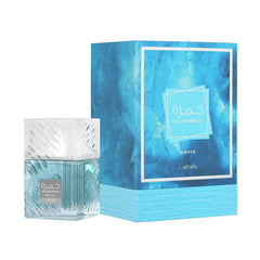 Lattafa Khamrah Waha boxed packaging with bottle conveying gift-ready presentation
