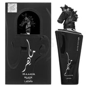 Lattafa Maahir Black Edition front bottle showing elegant design and bold presence