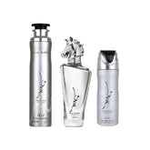 Lattafa Maahir Legacy front packaging showing complete 3-piece set and gifting appeal