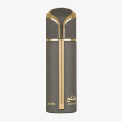 Lattafa Mishlah bottle close-up of matte charcoal and gold accents, conveying luxurious detail