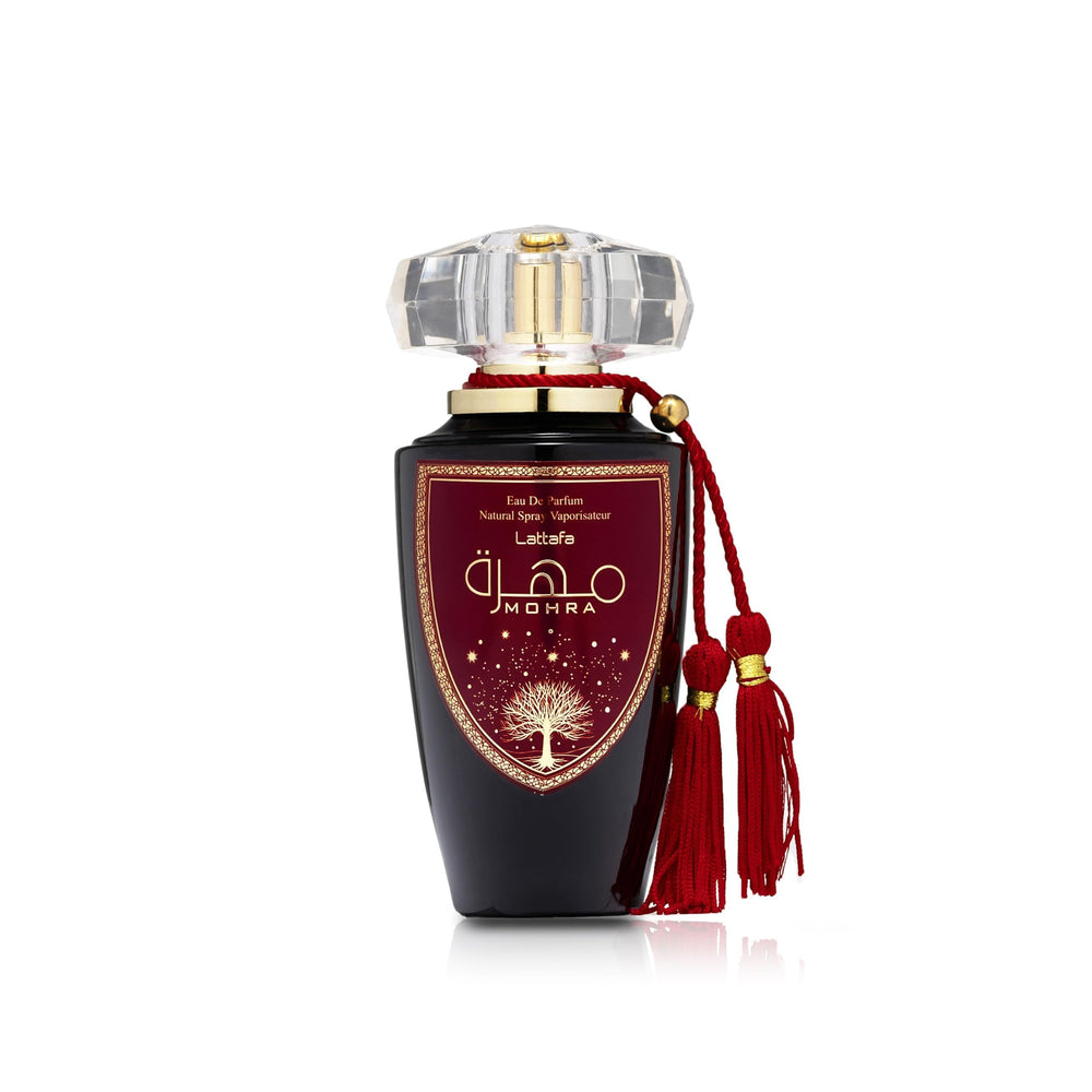 Lattafa Mohra front bottle view showing elegant packaging and brand identity