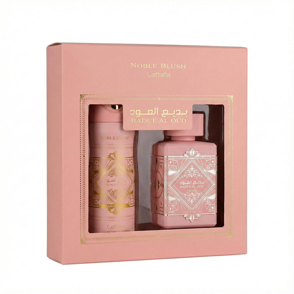 Lattafa Noble Blush front packaging showing gift-ready duo and elegant design for gifting