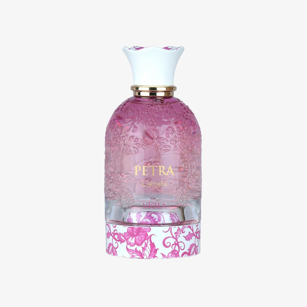 Lattafa Petra Viola front bottle showing elegant design and versatile styling benefit