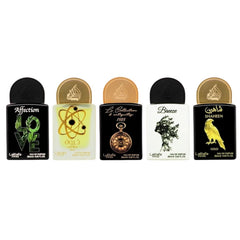 Lattafa five 20ml bottles displayed together highlighting variety and easy sampling benefit