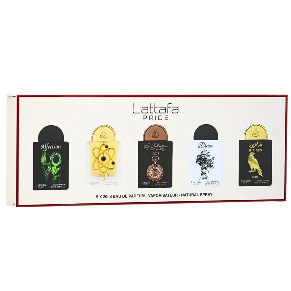 Lattafa giftset front packaging showing elegant box and five bottles benefit gives premium presentation