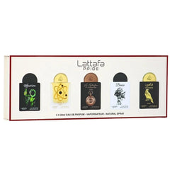 Lattafa giftset front packaging showing elegant box and five bottles benefit gives premium presentation