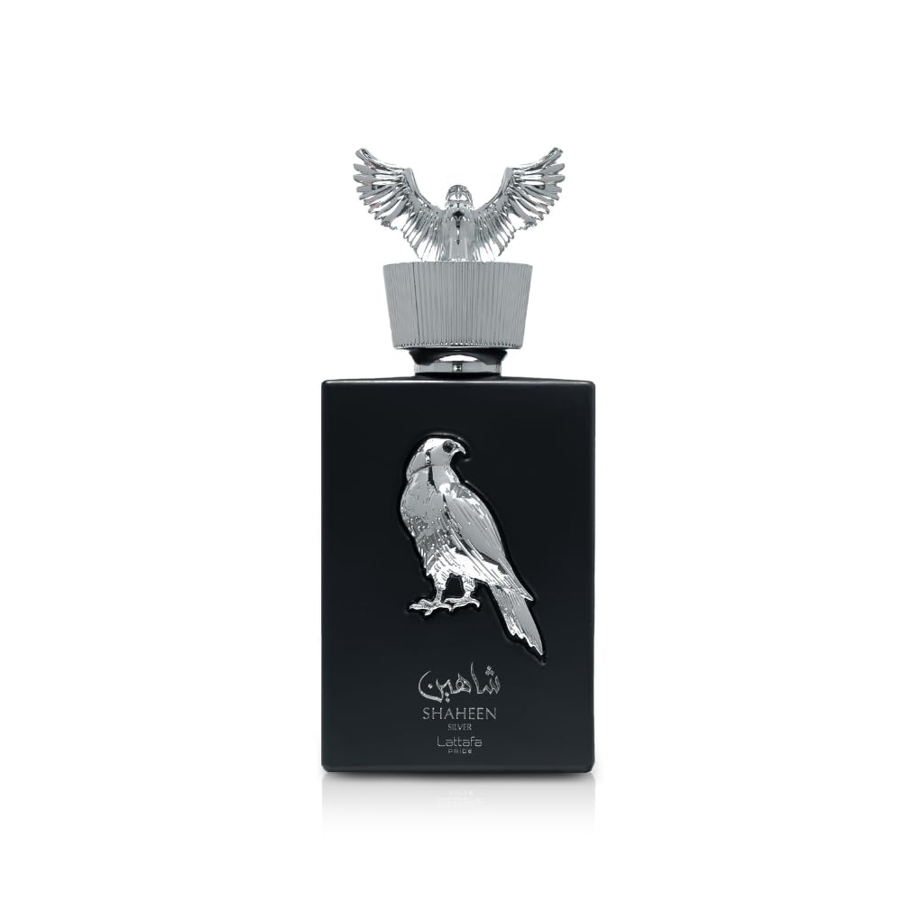 Lattafa Pride Shaheen Silver front bottle view showing sleek design and gift-ready look