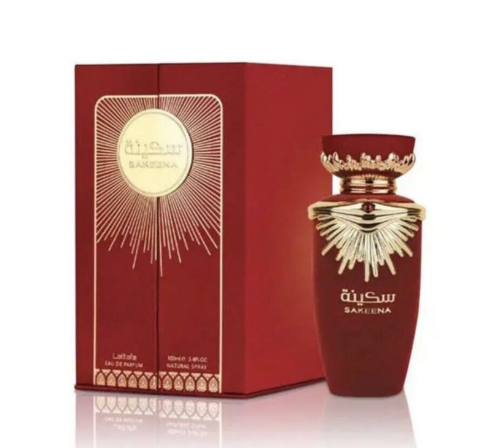 Lattafa Sakeena bottle front view showing label and 3.4 oz size, appealing presentation