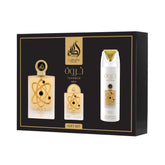 Lattafa Tharwah Gold front packaging showing gift set and notes benefit: clear presentation