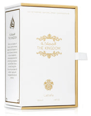 Lattafa The Kingdom bottle at an angle showcasing glass design and amber liquid